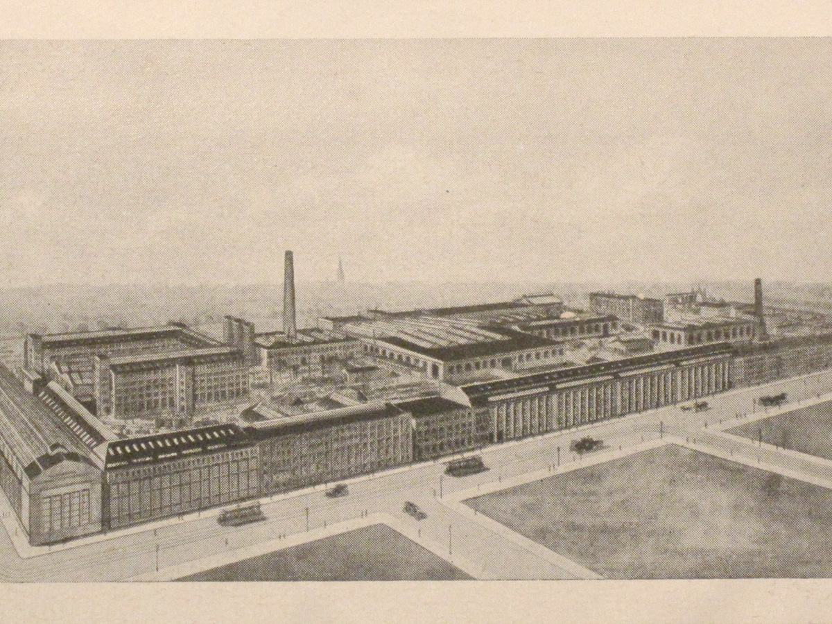 Abb. 2: Darstellung des AEG-Geländes aus einer Anzeige von 1916, im Vordergrund liegt die Voltastraße.